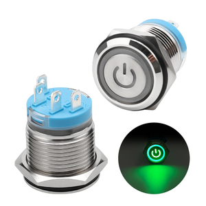 Interruptor de botón de luz LED verde con símbolo de encendido plano, interruptores de botón pulsador impermeables IP67 de 16mm - Product Image 1