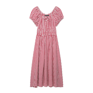 Abito Midi da Donna Personalizzato Primavera 2026 con Maniche a Sbuffo in Gingham, Vita Aderente e Gonna Svasata a Trapezio, OEM/ODM da Fabbrica Cinese - Product Image 1
