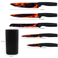 Ensemble de couteaux de cuisine professionnels 6 pièces motif lave, tranchants, antiadhésifs, en acier inoxydable, avec bloc