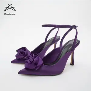 ZAR* Brand Women's Elegant Flower Purple Pumps Model Show Pointed Toe Bridal Stiletto Mules Ladies High Heels Office Sandals