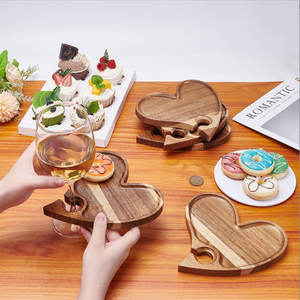 Heart Shaped Acacia Wood Charcuterie Board with Wine Glass Holder, Portable <b>Snack</b> <b>Tray</b> for Wedding & Parties - Product Image 6