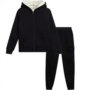 Ensemble de survêtement unisexe personnalisé en molleton noir avec capuche et fermeture éclair, manches longues, décontracté, pour l'hiver, couleur unie, respirant - Product Image 3
