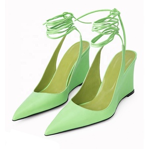 Sandales compensées vertes à lacets pour femme, talons hauts, bout pointu, chaussures habillées, sexy, pour le bureau, logo personnalisé - Product Image 1