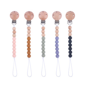 Clip para chupete de bebé, cadena de silicona con cuentas de madera para 0-12 meses, mango de color sólido sin BPA - Product Image 4