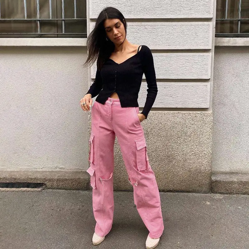 2022 High Quality Women Pink Pants Outdoor Streetwear Drawstring Cotton Baggy Parachute Cargo Pants For Girl