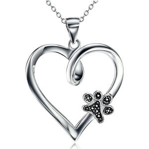 Pendentif Cœur XL1089 en Argent 925 Plaqué Rhodium avec Breloque Patte en Cristal, Bijou Unisexe Thème Romantique, Cadeau - Product Image 1