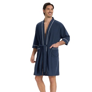 Men's Waffle Knit Robe Short Sleeve Lightweight Bathrobe With Pockets Spa Loungewear Cotton Kimono Style Sleepwear Men's Robes - Product Image 1