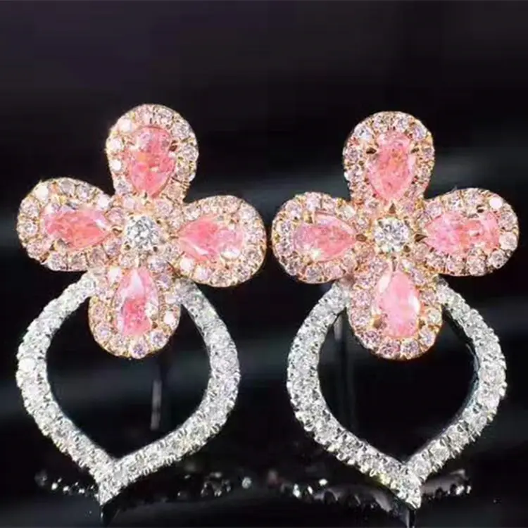 फैशन सुंदर फूल डिजाइन रत्न गहने 18k सोने महिलाओं के लिए 0.51ct गुलाबी हीरा जड़ना बाली