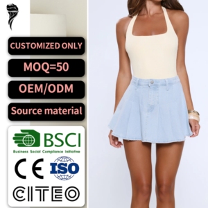 Ensemble 2 pièces décontracté pour femme : Crop top dos nu à nouer et mini-<span class=keywords><strong>jupe</strong></span> plissée en jean taille haute – Collection été 2026 – Ventes flash - Product Image 1