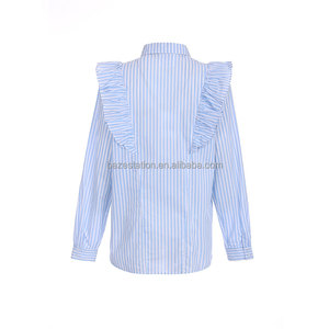 Venta al por mayor de alta calidad de lujo de fábrica de encargo de <span class=keywords><strong>cuello</strong></span> vuelto con volantes rayas impresas de algodón camisa de corte recto para las mujeres - Product Image 2