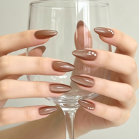 Ongles press-on œil de chat marron, longs ongles brillants en forme d'amande avec strass, ongles acryliques réutilisables