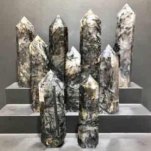 Turmalina negra natural, piedra de turmalina negra de gran tamaño de alta calidad con punta de cuarzo, torre de cristal pulido para la curación