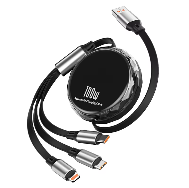 Retractable 100W Fast Charging & Data Transfer Cable USB-A for Type-C Connectors Braid Shielding PVC Jacket for Mobile Phones PC