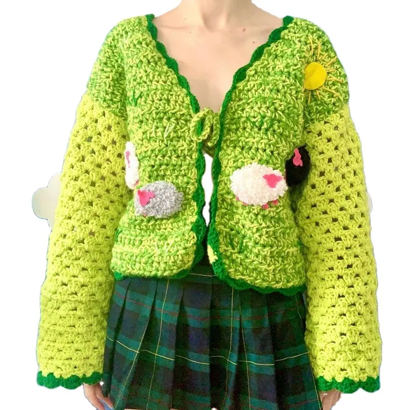 Chunky custom handmade crochet hand hook cardigan flowers lady woollen cotton sweater design handmade crochet sweaters