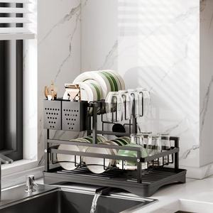 Escurridor de Platos Doble Capa Negro con Bandeja de Drenaje, Portavasos y Organizador de Tazones para Encimera de Cocina, Metálico - Product Image 3
