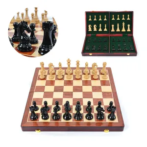 Juego de tablero de ajedrez de madera de lujo con piezas de ajedrez Juego de ajedrez Almacenamiento interior Tablero de ajedrez plegable 2 reinas adicionales