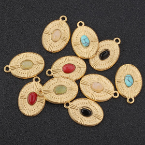 Pendentif ovale en acier inoxydable avec incrustation de pierres naturelles turquoise, rouge, noir et vert pour la fabrication de boucles d'oreilles, accessoires de bijouterie H1322 - Product Image 1