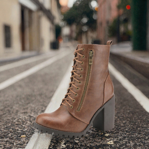 Botines de tacón de bloque marrón para mujer, con cordones, cremallera lateral, punta redonda, botines casuales de moda - Product Image 3