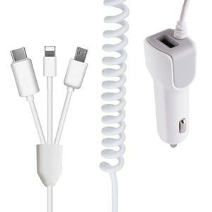 Cargador de coche 1 a 3 USB tipo C con cable para dispositivos Android, blanco y negro, entrada 5V2.1A 12V - Product Image 1