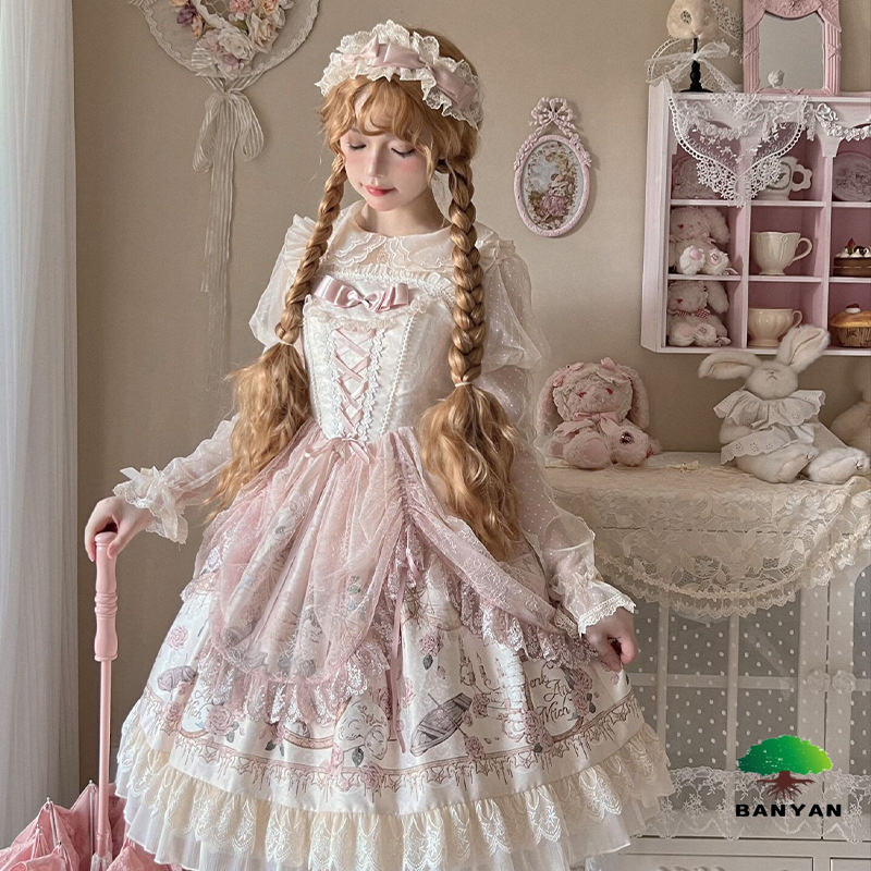 Pink Jacquard Drawstring Bow Lolita Dress Elegant Retro