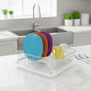 Modern Metal Dish <b>Rack</b> With Plastic Mat Standing Foldable Storage Holder For Kitchen <b>Sink</b>, Rectangular Design, Single Tier, Dur - Product Image 3