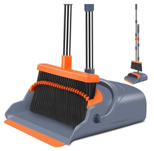 Upgrade Self-Cleaning Broom and Dustpan Set Long Handle and Teeth on Stand-Up Material Plastic Head for Home Use