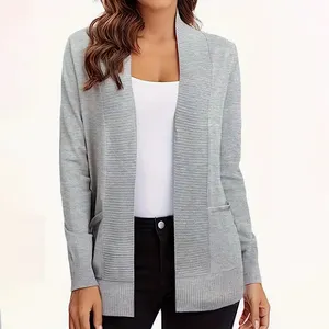 Cheap Gray Long Sleeves Pocket Plain Soft Casual Knit Sweater Cardigan Women Custom