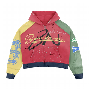 2025 couleur bloc strass taille personnalisée conception à capuche hommes Streetwear lavé respirant écologique qualité supérieure sweats à capuche - Product Image 2