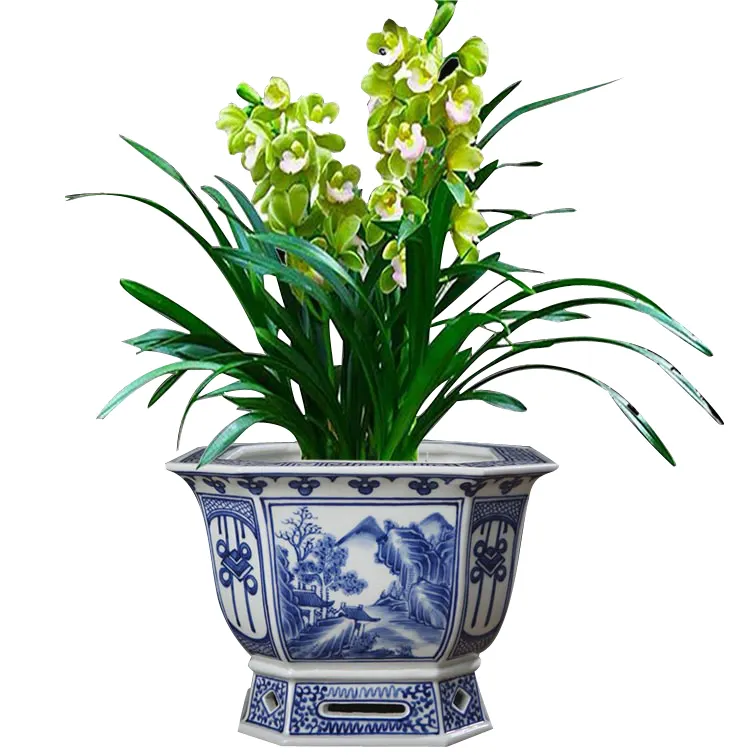 Vaso de flores de porcelana para sala de estar Jingdezhen, vaso de mesa quadrado chinês antigo feito à mão para paisagens azuis e brancas