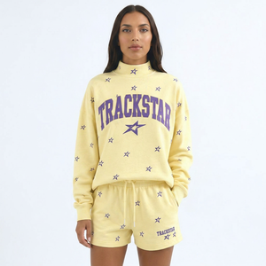 Ensemble de survêtement 2 pièces pour femme TRACKSTAR, imprimé étoiles jaunes, col montant, manches longues, coupe ample, vêtements de sport décontractés, printemps été - Product Image 1