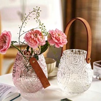 Vase en verre gaufré en forme de sac à main avec poignée en cuir marron, vase rond pour fleurs fraîches, branches séchées, décoration de table pour la maison