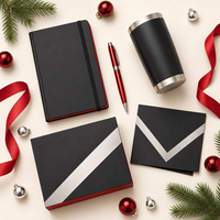 Carnet A5 personnalisé noir, rouge cramoisi et argenté à couverture rigide, 80 feuilles, avec stylo et boîte rayée – Coffret cadeau d'entreprise