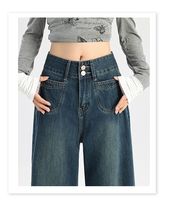 Jean large taille haute bleu foncé pour femme, style décontracté, polyvalent, avec poches et boucle à deux broches, en denim, vente en gros