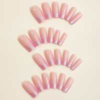 24 Uñas Postizas Rosa Brillante con Punta Francesa, Estilo Bailarina, ABS, Base Nude Blush, Cobertura Completa, Brillantes, Reutilizables, de Presión