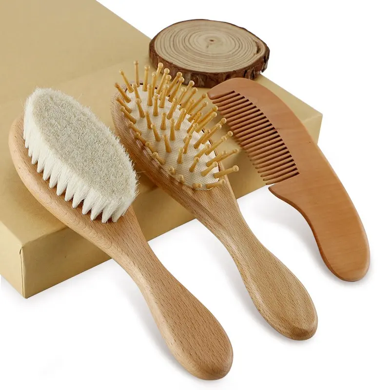 Commercio all'ingrosso 3 pezzi eco-friendly spazzola per capelli di capra naturale spazzola per bambini e set di pettine