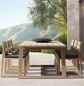 Hotel Garden Outdoor Furniture 6 Seats Rectangular Villa Dining Table Wooden Teak Fabric Seat Dining Chair Table Set