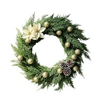 Guirlande artificielle de Noël ronde avec feuilles de pin, boules dorées, cône de pin, décoration florale suspendue pour porte, mur, cheminée