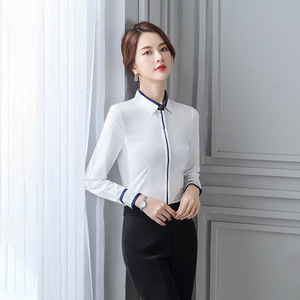 Women's White Long Sleeve Shirt With Concealed Buttons Contrast Color Work Blouse For Office And Service Industry - Product Image 3