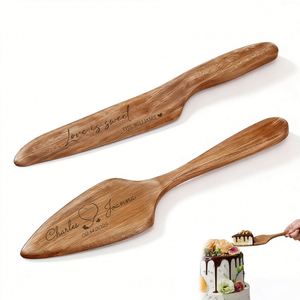 Juego de Cuchillo y Espátula para Pastel de Madera Grabados Personalizados - Regalos Rústicos de Boda para Novios - Product Image 1