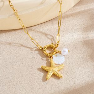 Gold Plated Starfish Pearl Seashell Necklace Women's Everyday Wear Fashion Jewelry Chain Pendant Ocean Theme - Product Image 3