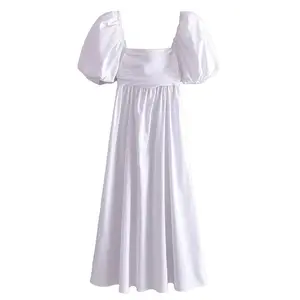 QZ2635 Baju Gaun Wanita Kasual 2, Baju Putih Lengan Puff 2022 Mode Wanita Baru