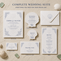 Invitations de mariage nautiques et côtières, motif herbe marine marine, cartes personnalisées en carton gaufré avec découpe de coquillages