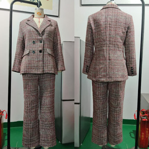 Trajes de Oficina para <span class=keywords><strong>Mujer</strong></span> X8280, Conjunto de Dos Piezas con Pantalones Holgados y Chaqueta Cruzada a Cuadros, Estilo Ejecutivo - Product Image 5