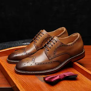 Fashion luxury custom logo brogue real genuine leather office high quality dress shoes for men