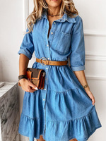 Robe chemise en jean évasée superposée boutonnée à demi-manches décontractée d'été pour femme