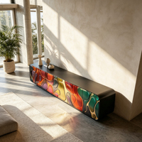 Meuble TV arrondi en fibre de verre, design abstrait organique vibrant pour un intérieur d'art contemporain