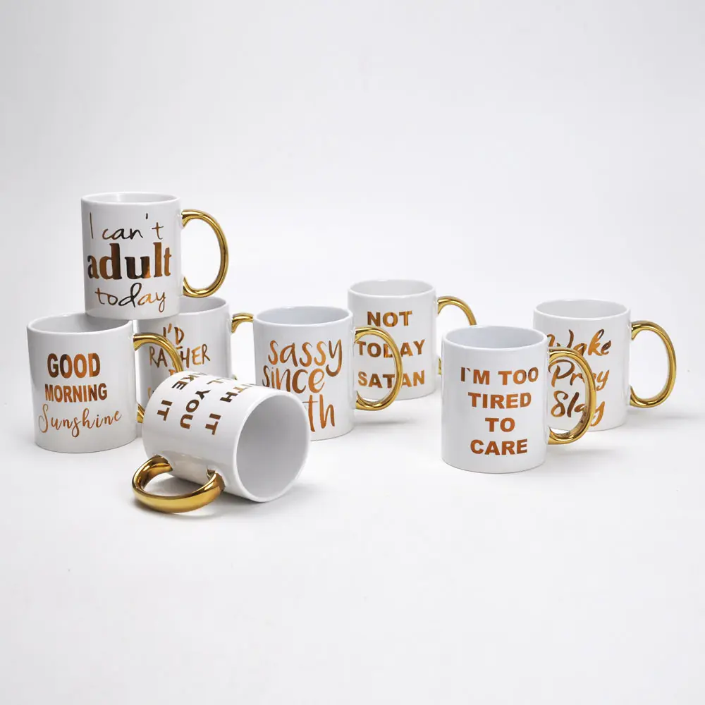 Jumbo Mug with Electroplating Handle, Stoneware Mug with Gold Words Decal