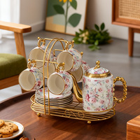 Set Cangkir Kopi Keramik Retro Mewah 6 Buah dengan Desain Bunga Kecil, Portabel