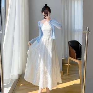 Conjunto de Vestido Largo Estilo Francés, Falda Larga, Chifón Transpirable, Diseño Sólido, Dos Piezas, Ropa de Verano para Mujer - Product Image 3