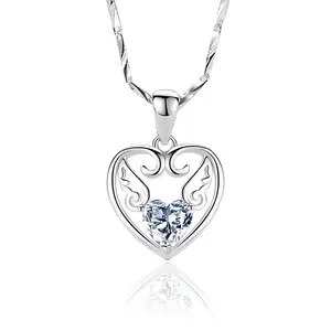 925 Sterling Silver Jewelry Shiny Cubic Zirconia Heart Shape Angel Wing Pendant Dainty Bride Goddess Necklace